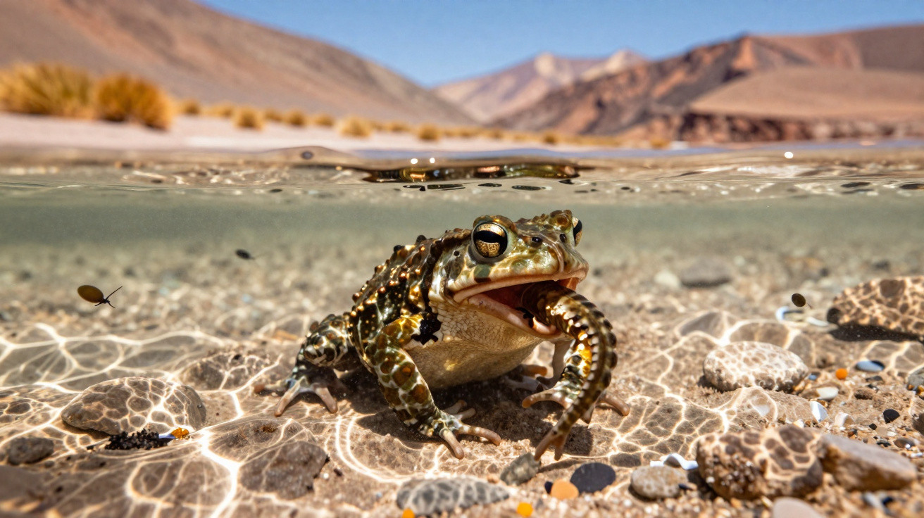 Sapo parcialmente submerso na água limpa, com montanhas ao fundo e pedras no fundo do lago.