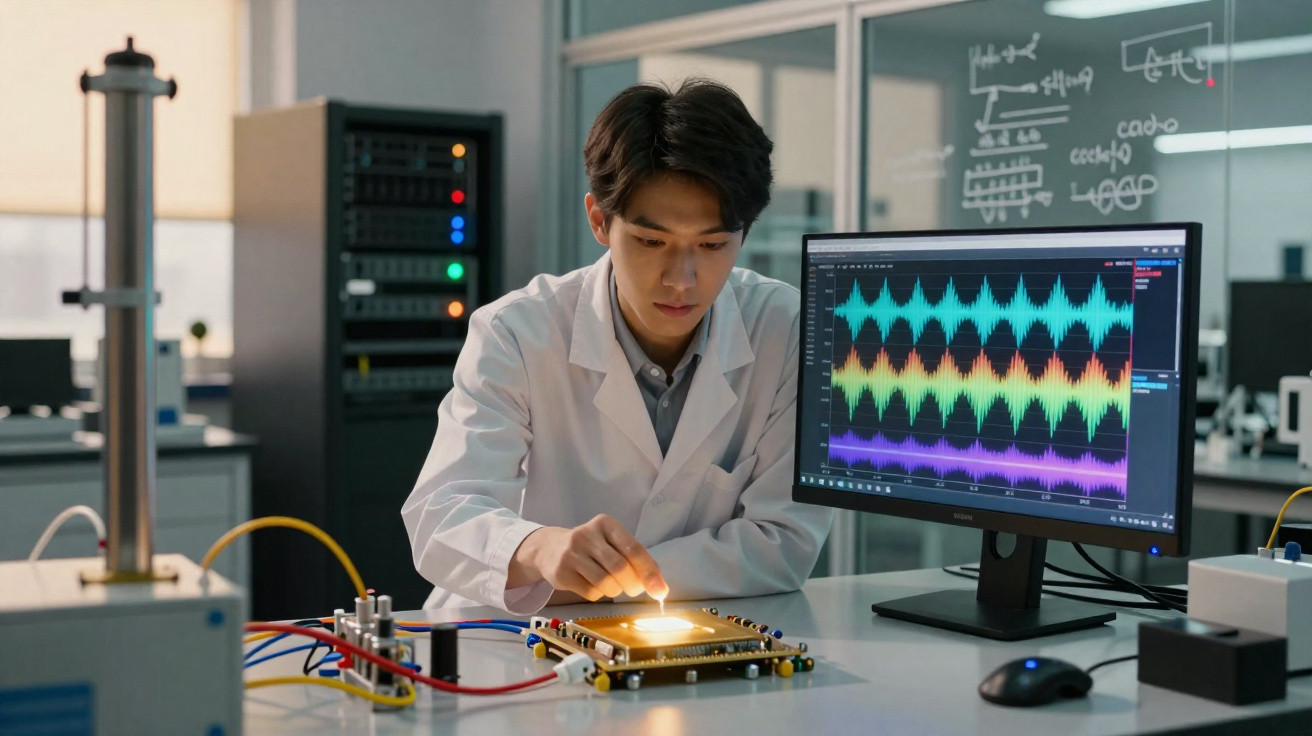 Homem em jaleco branco trabalhando com equipamento eletrônico em laboratório tecnológico moderno.
