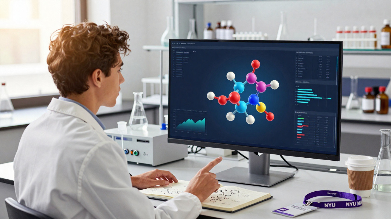 Cientista com jaleco branco analisa modelo molecular colorido em computador no laboratório.