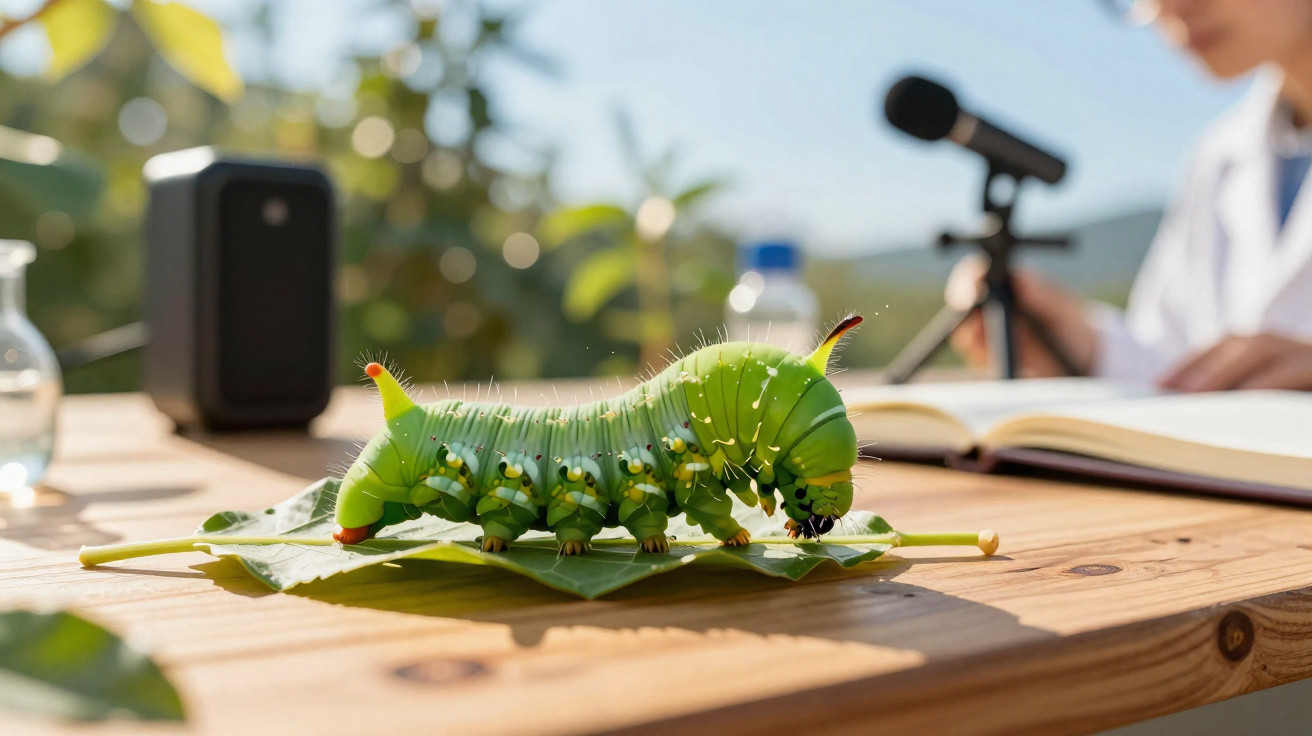 Lagarta verde detalhada sobre folha em mesa de madeira com pessoa e microfone desfocados ao fundo.