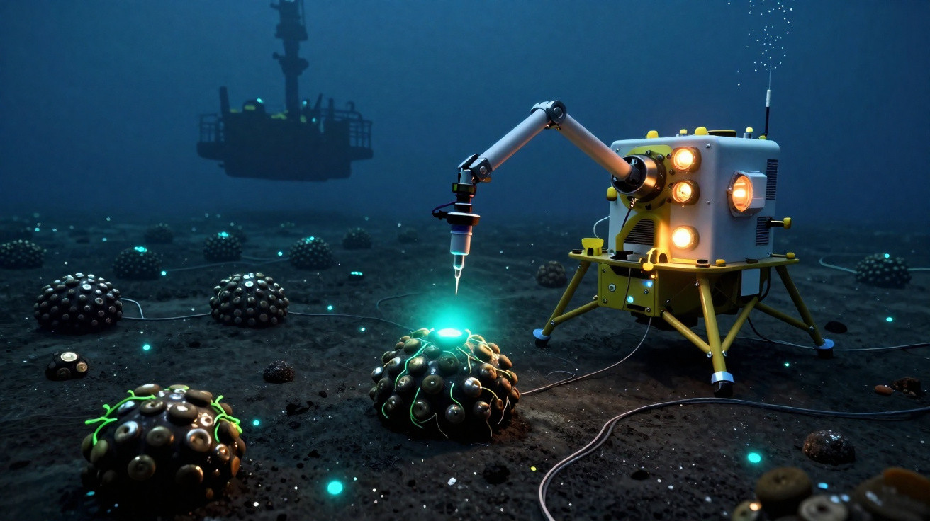Robô submarino iluminado manipulando dispositivo esférico no fundo do oceano com plataforma ao fundo.