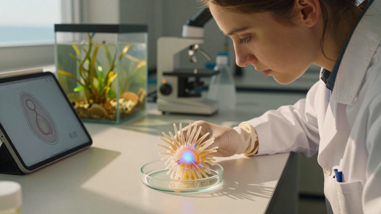 Mulher cientista em laboratório observando um organismo bioluminescente em placa de Petri.