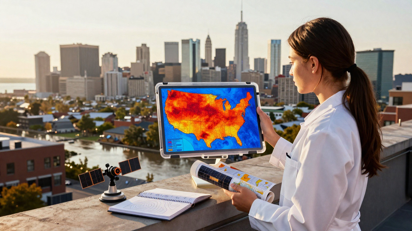 Mulher em jaleco branco analisa mapa térmico dos EUA em tablet, com modelo de satélite e prédios ao fundo.