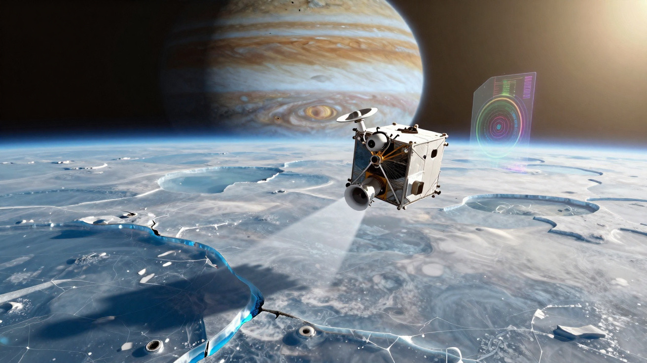 Sonda espacial sobre superfície gelada com crateras, com planeta Júpiter ao fundo em destaque.
