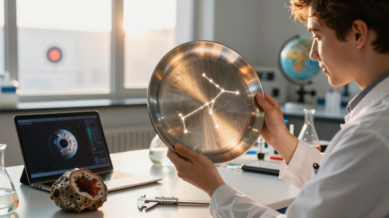 Aluno observa padrão de constelação iluminado em prato metálico em laboratório de ciências.