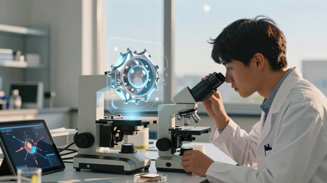 Cientista observa microscópio com holograma de célula, ao lado de tablet com gráficos científicos.