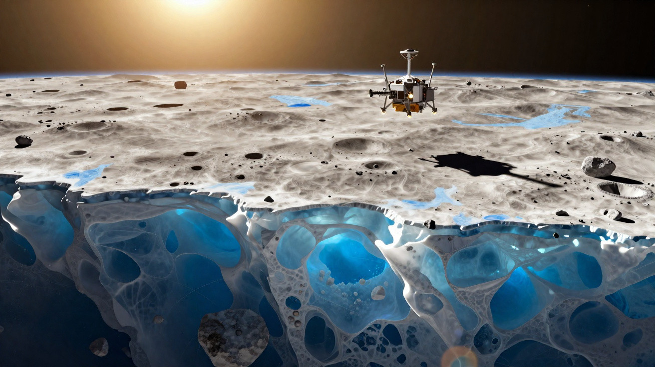 Sonda espacial sobre uma superfície lunar com crateras e oceanos de água congelada abaixo.