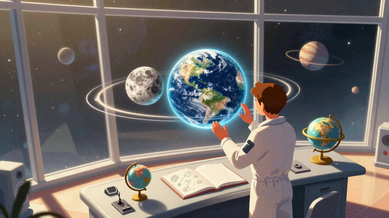 Homem em jaleco interage com projeções de planetas, incluindo Terra e Lua, em ambiente futurista.