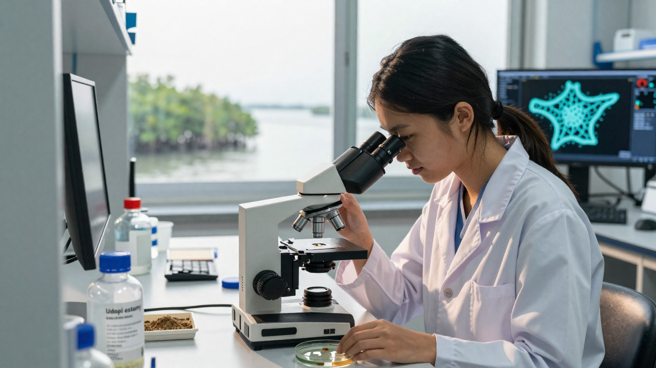 Mulher cientista em jaleco observa amostra no microscópio em laboratório com computador ao fundo.