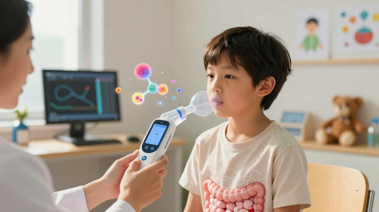 Criança fazendo exame respiratório com médico usando aparelho digital em ambiente clínico iluminado.