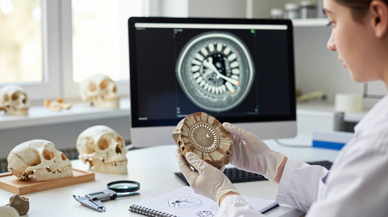 Pesquisadora examina corte transversal de dente fóssil com imagens e outros crânios ao fundo.
