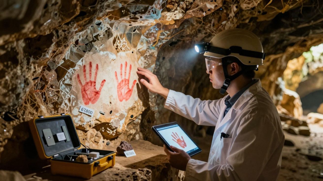Pesquisador em caverna analisa pinturas de mãos vermelhas antigas nas paredes com tablet e equipamentos.