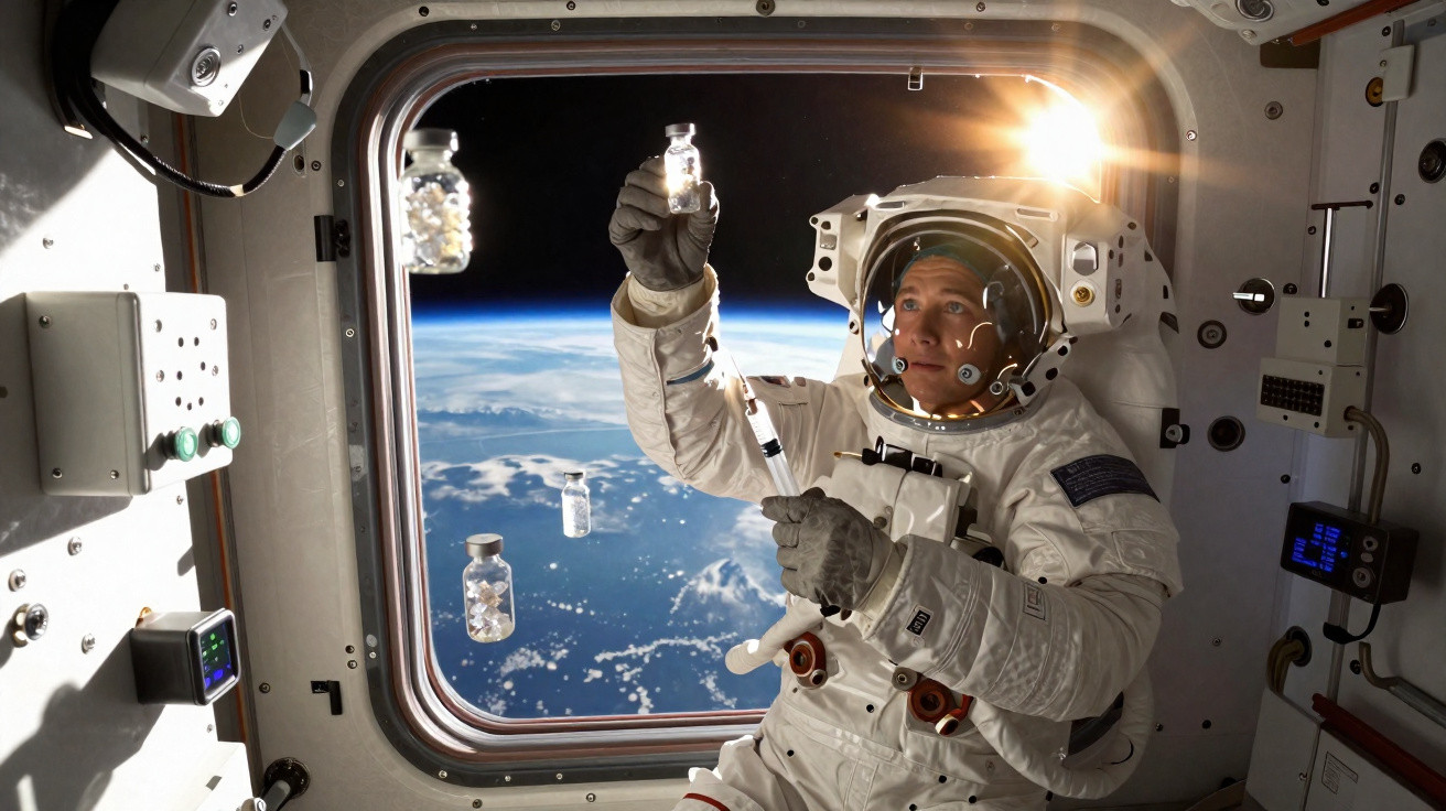 Astronauta em traje espacial segura frasco dentro de estação espacial com vista para a Terra ao fundo.