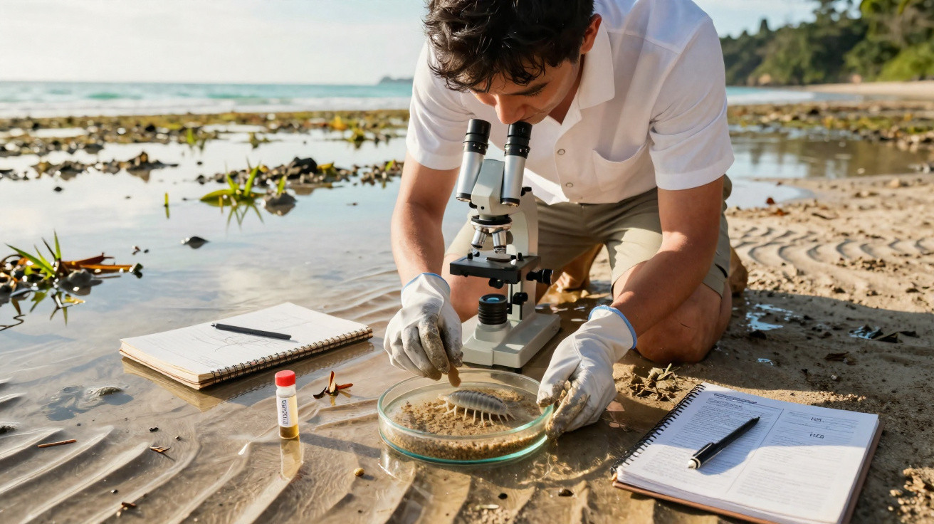 Pesquisador analisa organismo marinho em placa de petri na praia, com microscópio e anotações ao redor.