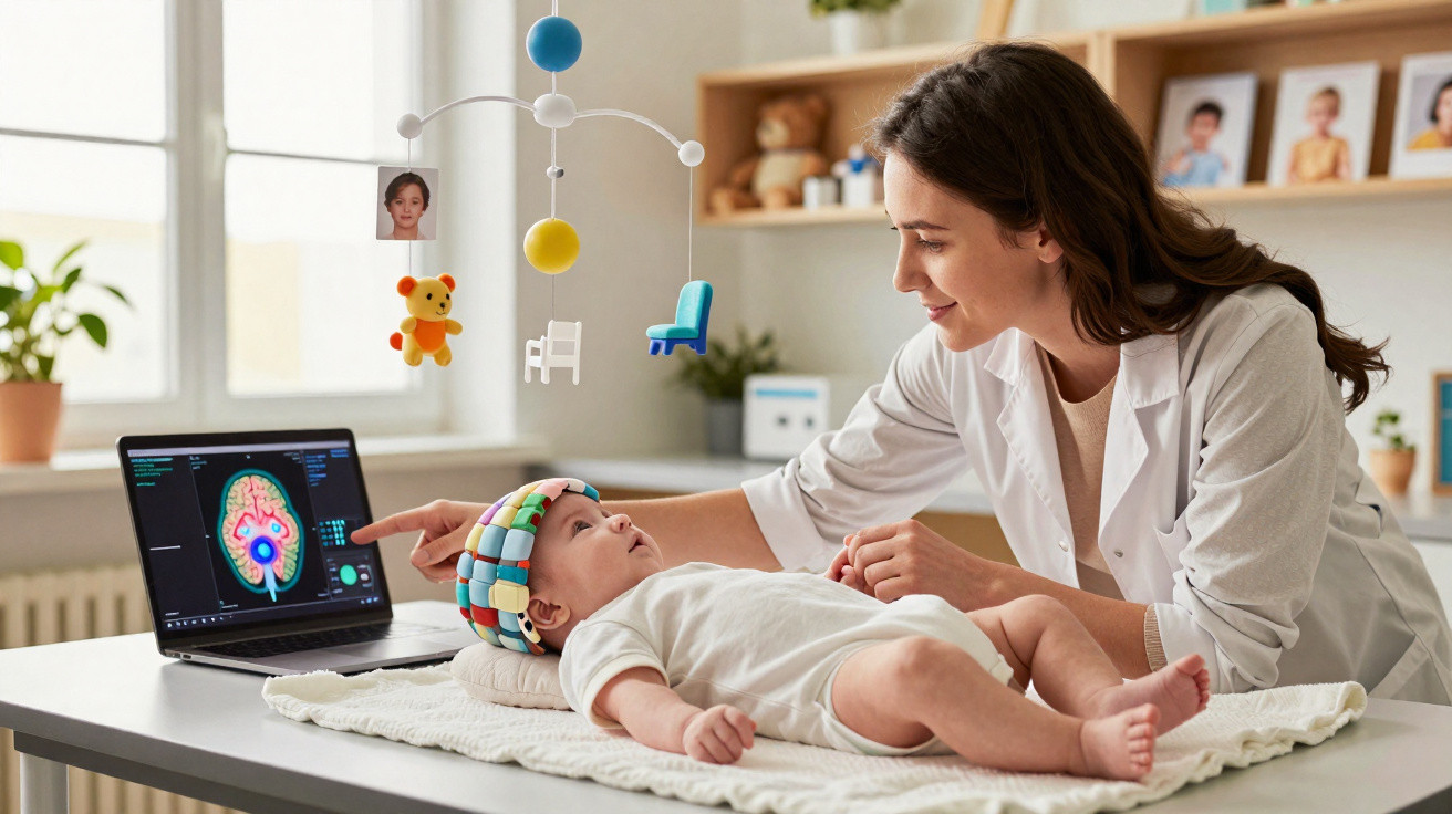 Médica mostrando exame cerebral no laptop para bebê deitado na mesa, usando capacete colorido na cabeça.