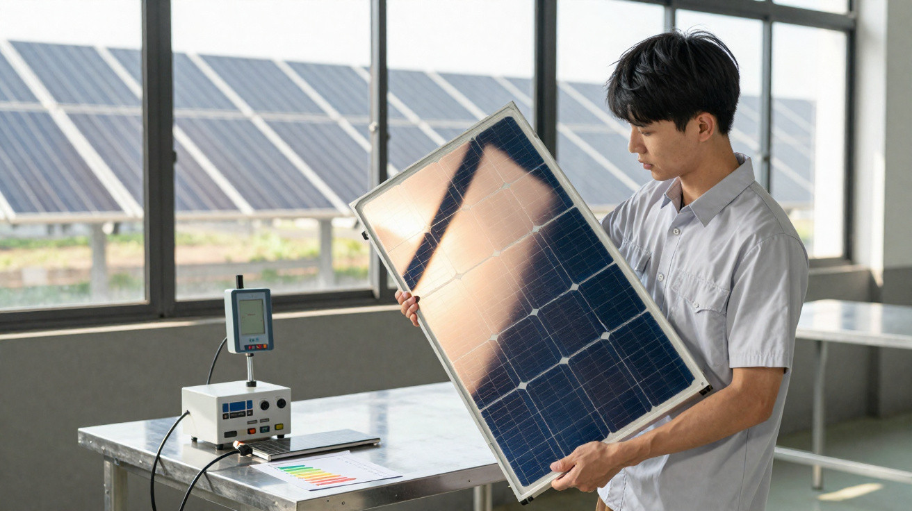 Homem segurando painel solar e analisando equipamento em ambiente com outros painéis ao fundo.