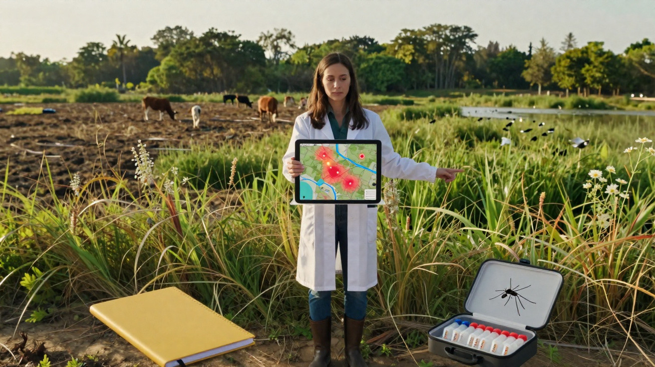 Pesquisadora em campo rural mostra tablet com mapa de focos vermelhos, ao lado de maleta com amostras e caderno amarelo.