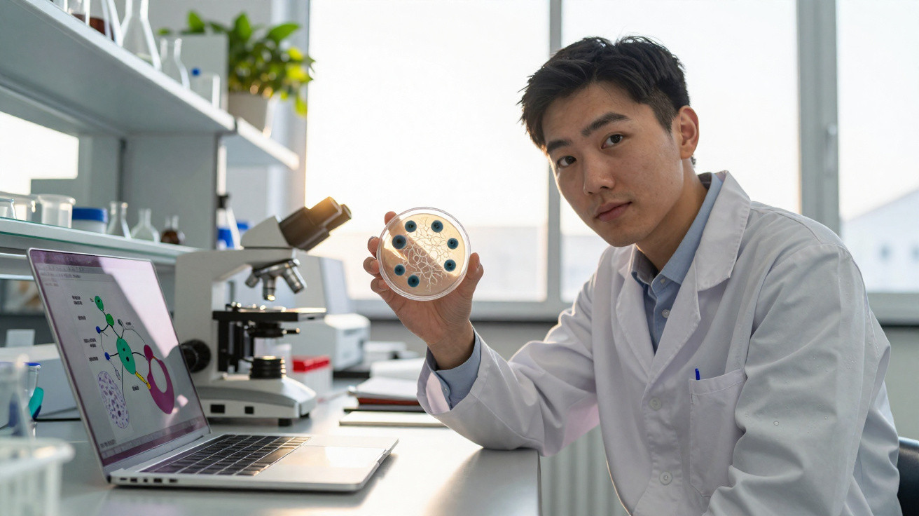 Cientista em laboratório segurando placa de petri com colônias, ao lado de notebook e microscópio.