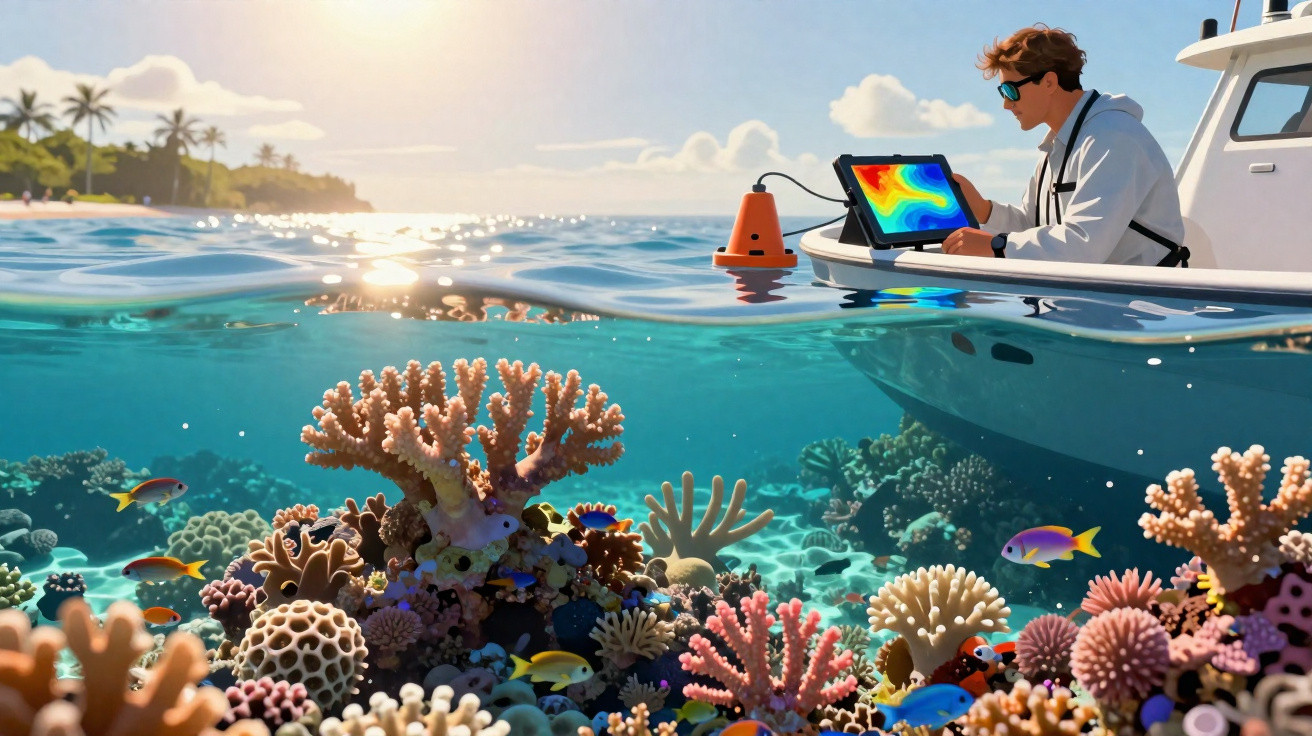 Pesquisador em barco analisa dados em tablet com fundo de recife de corais e peixes coloridos.