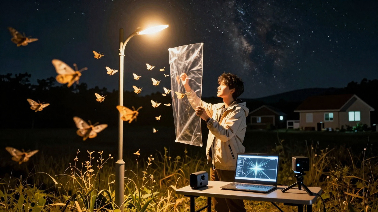 Pessoa observando mariposas iluminadas por poste à noite, com laptop e equipamentos em mesa ao ar livre.