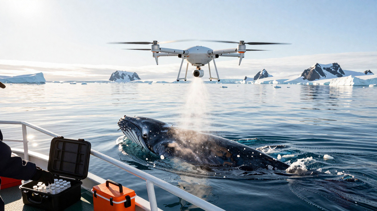 Drone pulveriza água sobre uma baleia próxima a um barco em região gelada com icebergues ao fundo.