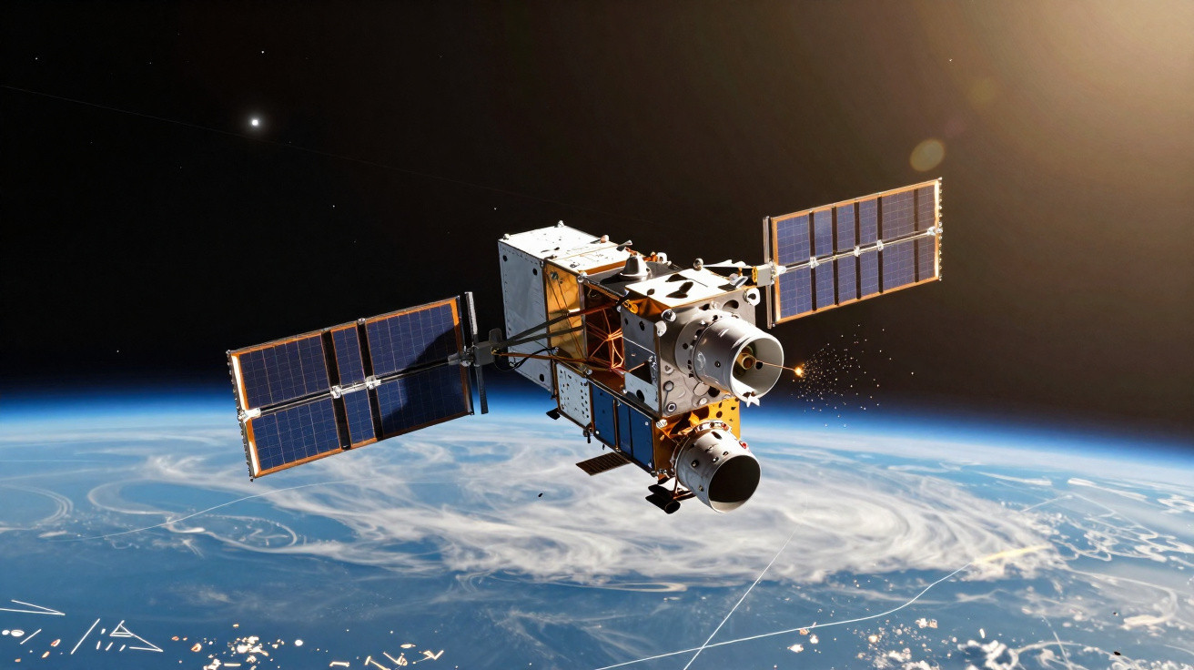 Satélite artificial com painéis solares orbitando a Terra, com atmosfera e espaço ao fundo.