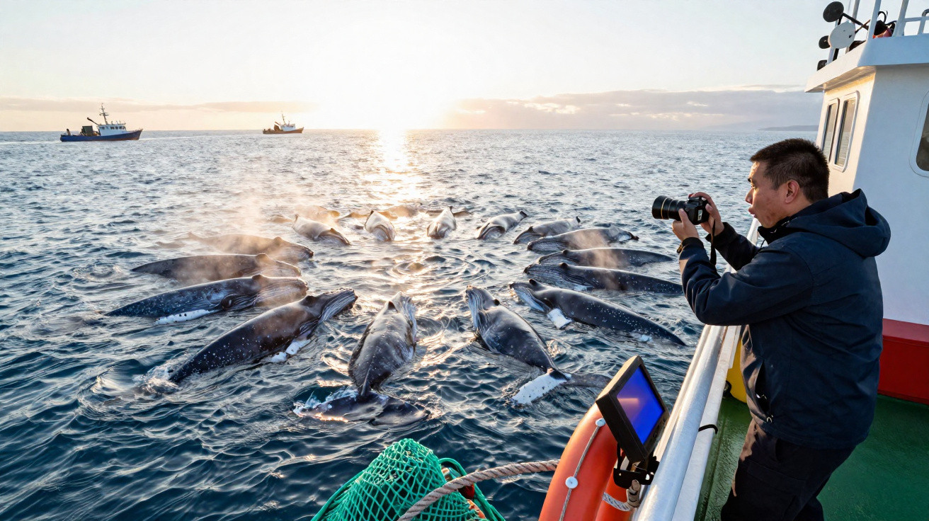 Homem fotografa grupo de baleias jorobadas próximo a barco no mar ao nascer do sol.