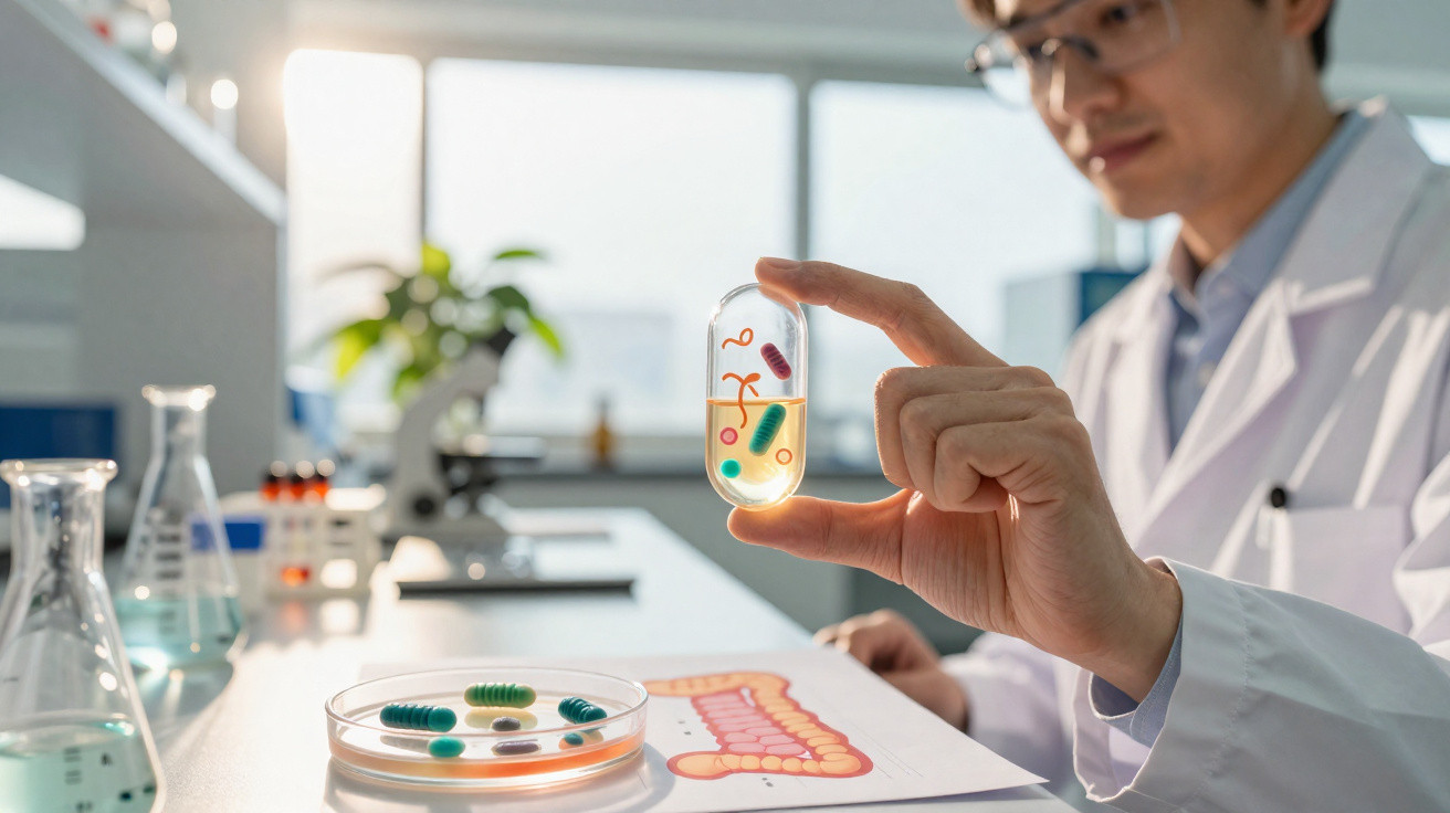Pesquisador em laboratório segurando cápsula transparente com micro-organismos coloridos dentro.