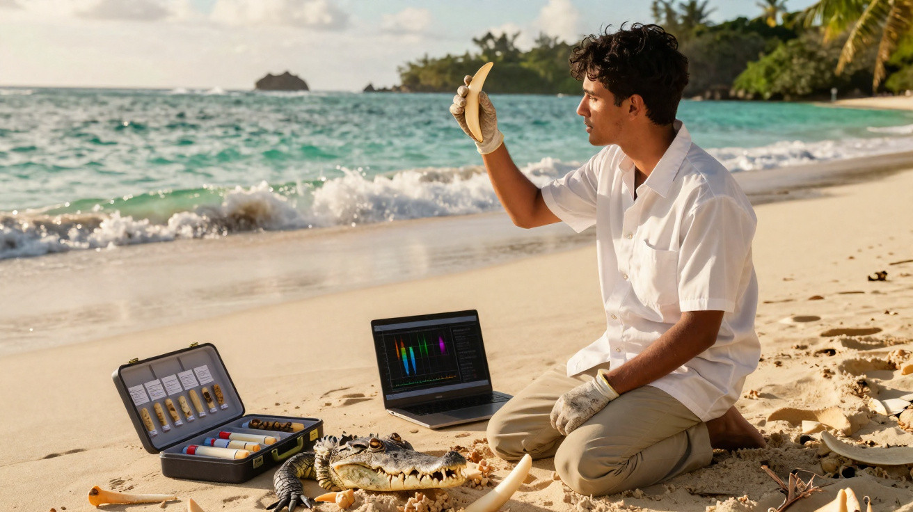 Homem analisando fóssil na praia com instrumentos científicos e laptop sobre a areia perto do mar.