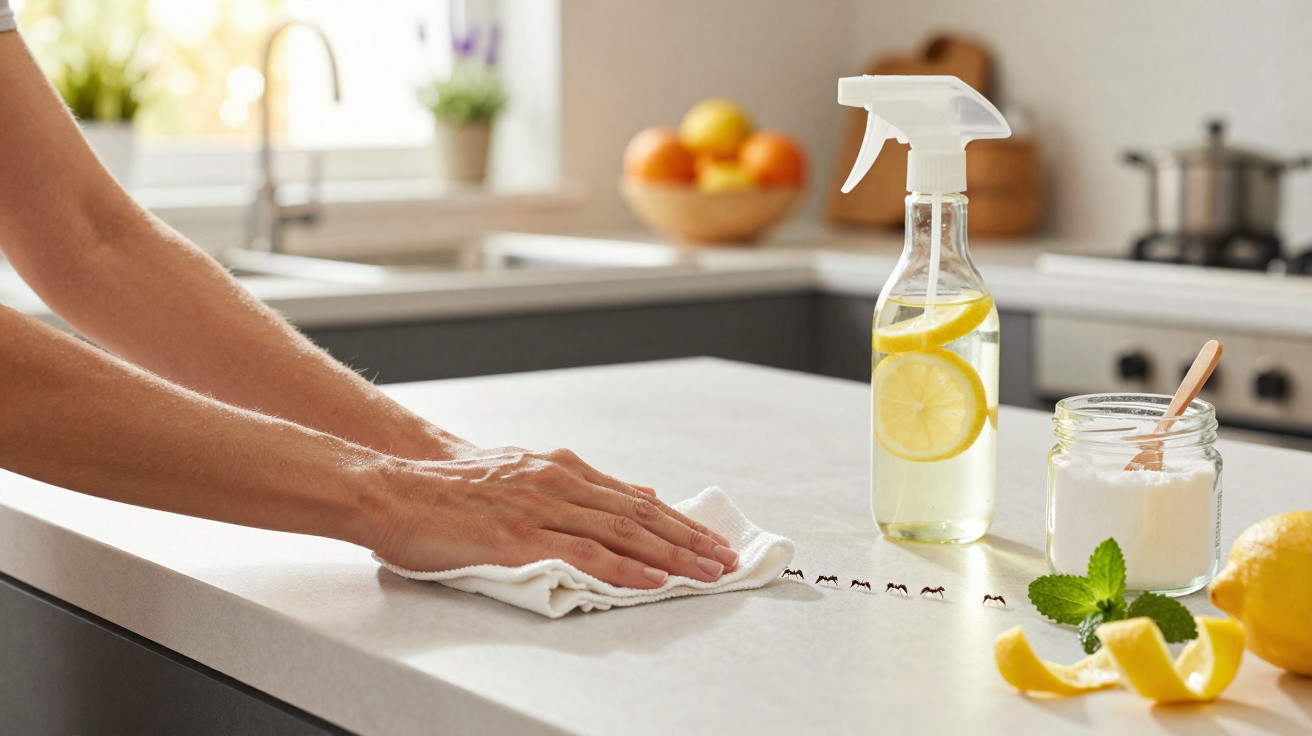 Mãos limpando balcão de cozinha com pano, spray com limão, potinho de pó branco e limão na bancada.