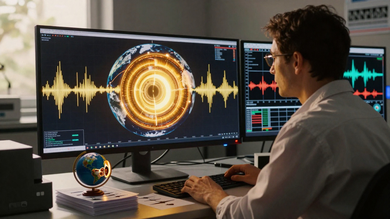 Homem analisando dados sísmicos em telas de computador com gráficos e imagem da Terra.
