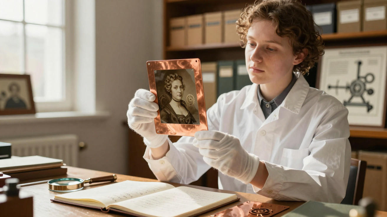 Pesquisador em laboratório histórico analisando fotografia antiga com luvas brancas em mesa com cadernos e lupa.