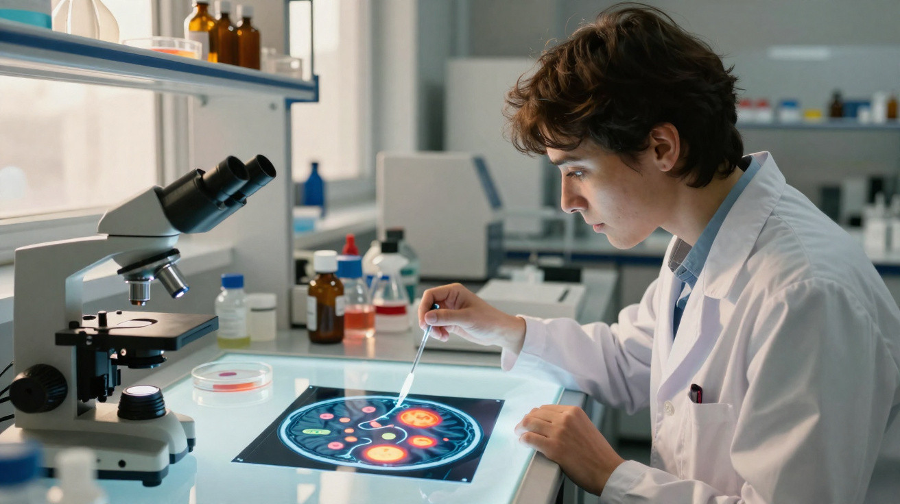 Pesquisador em laboratório usando jaleco branco analisa imagens de células tumorais em mesa iluminada.
