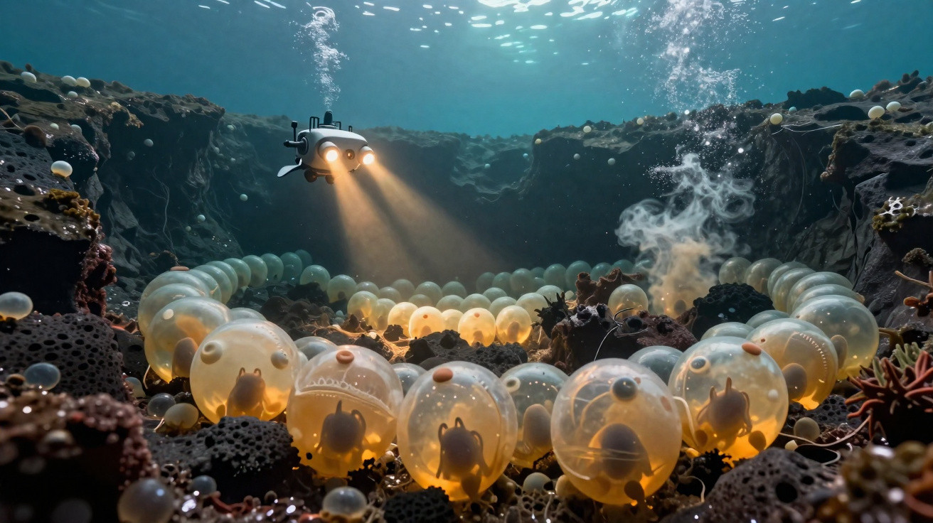 Robo subaquático com luzes explorando criaturas em esferas translúcidas no fundo do mar entre corais e rochas.
