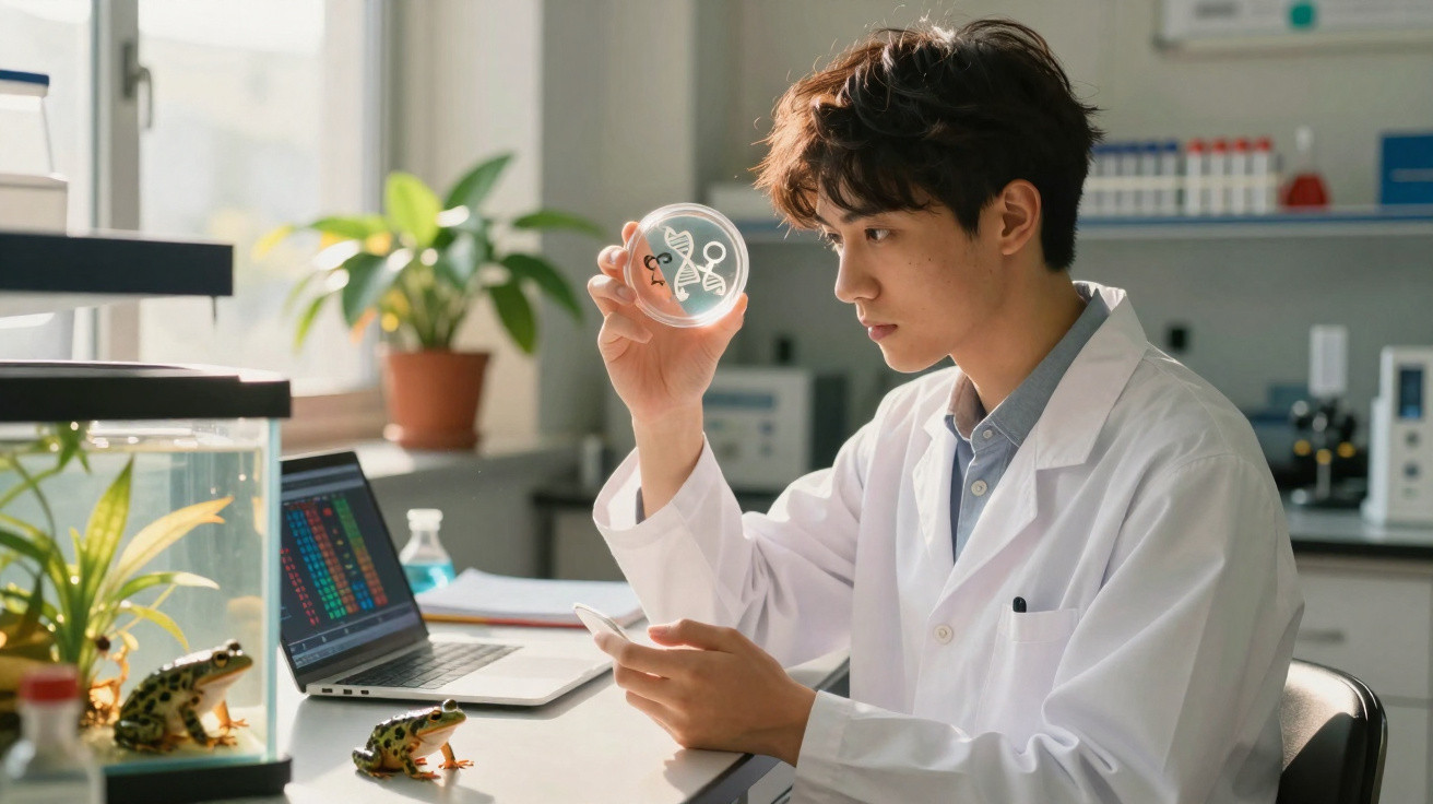 Cientista jovem em laboratório observa placa de Petri com símbolo de DNA, ao lado de laptop e sapos em aquário e mesa.