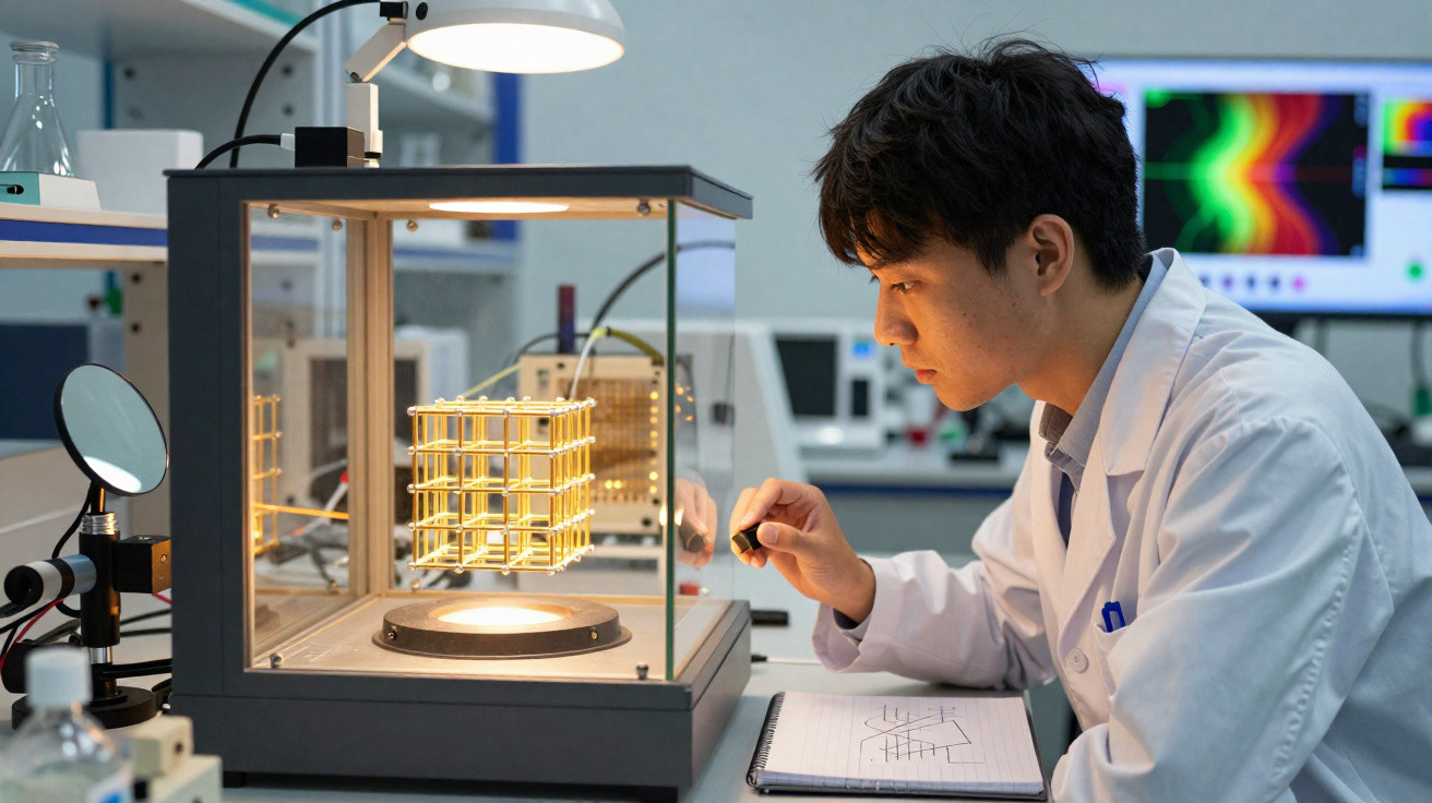 Cientista em laboratório analisando estrutura metálica luminosa dentro de equipamento de vidro.
