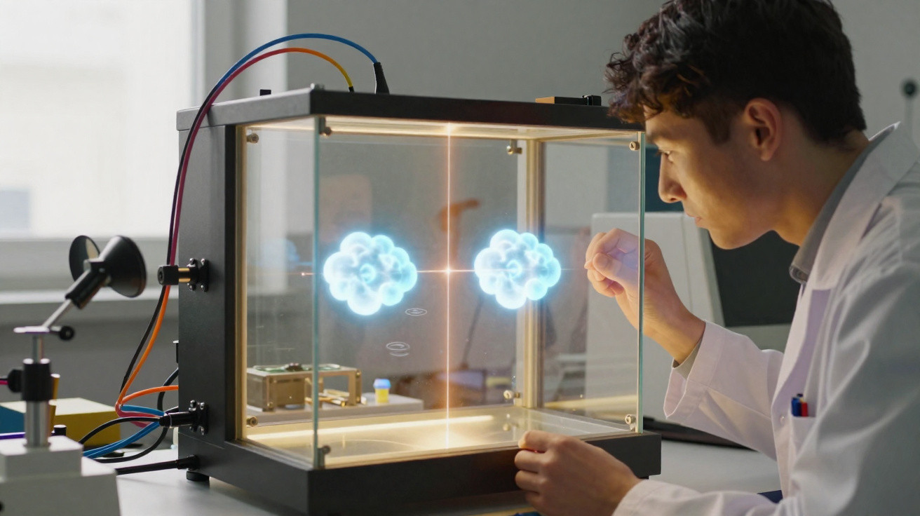 Jovem cientista observa simulação 3D de moléculas brilhantes em cubo de vidro em laboratório moderno.