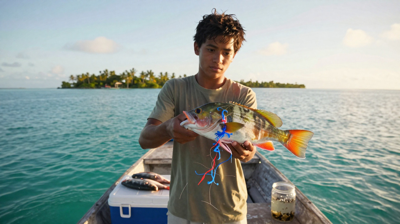Jovem em barco segura peixe colorido com ilha ao fundo em dia ensolarado no mar calmo.