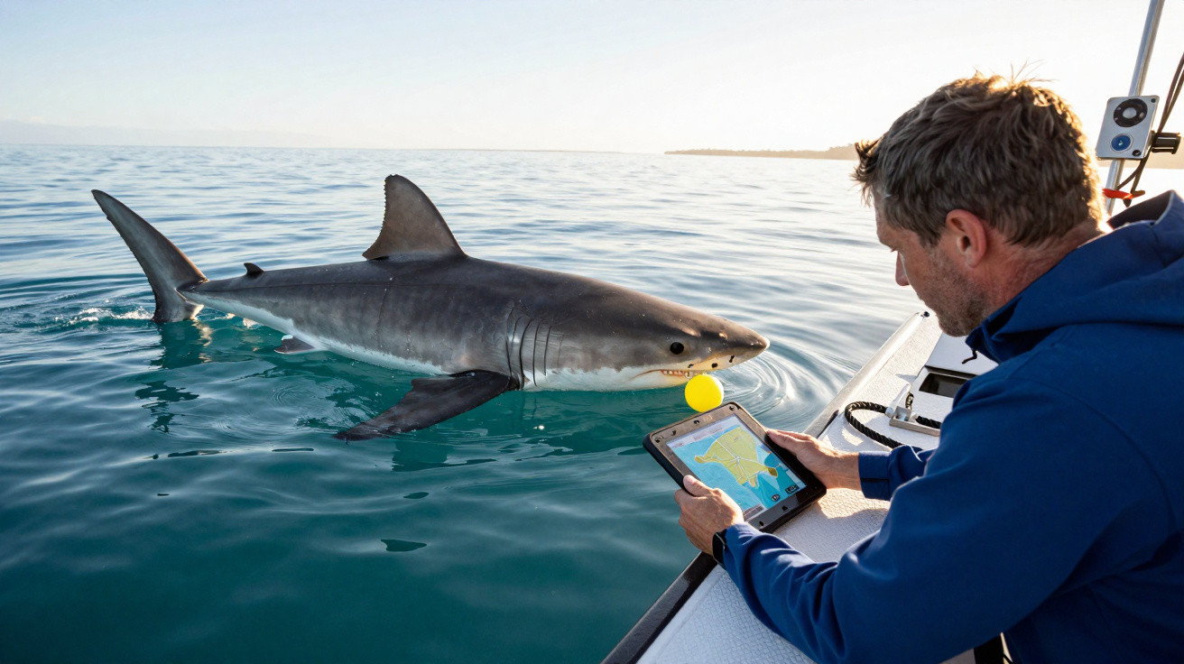 Homem em barco segurando tablet próximo a tubarão branco com bóia amarela na boca no mar calmo.