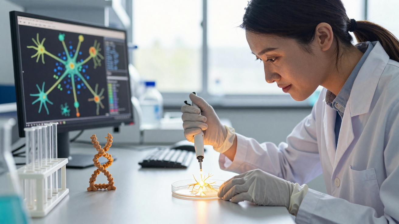 Cientista usando pipeta em lâmina para pesquisa de neurônios, com modelo de DNA e neuronas na tela do computador.