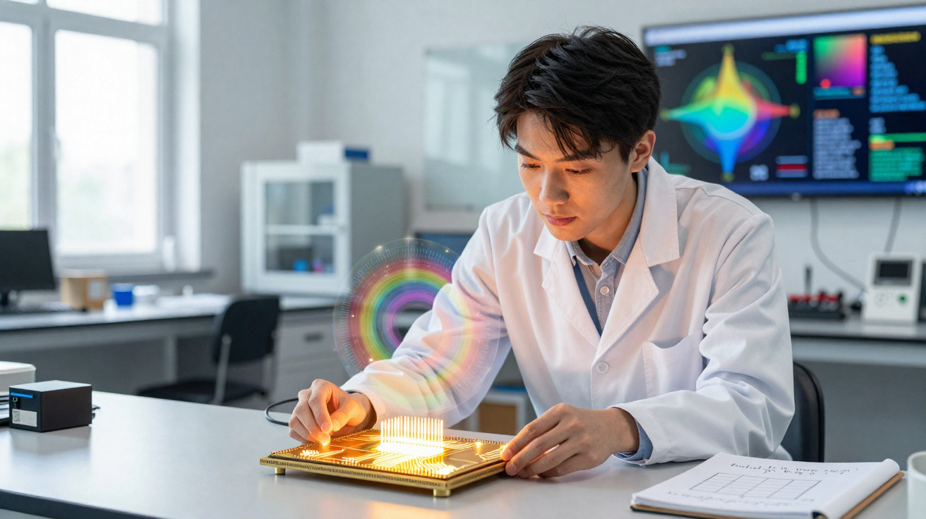 Cientista em laboratório manipulando dispositivo tecnológico holográfico com gráficos coloridos ao fundo.