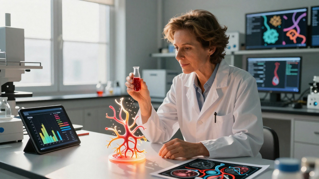Cientista em laboratório analisando líquido vermelho com holograma de neurônio na mesa.