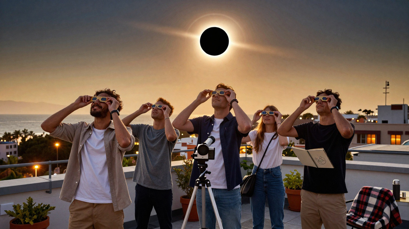 Cinco pessoas observando eclipse solar com óculos especiais em terraço ao pôr do sol com telescópio.