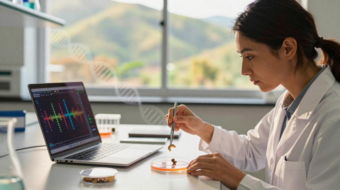 Mulher cientista com jaleco analisando amostras em placa de Petri com laptop e gráfico colorido ao lado.
