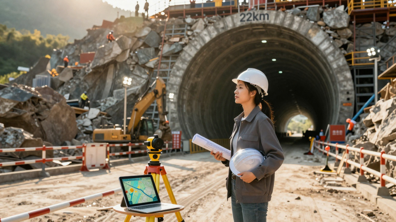 Engenheira com capacete segura plantas perto de túnel em construção, com equipamento topográfico e laptop à frente.