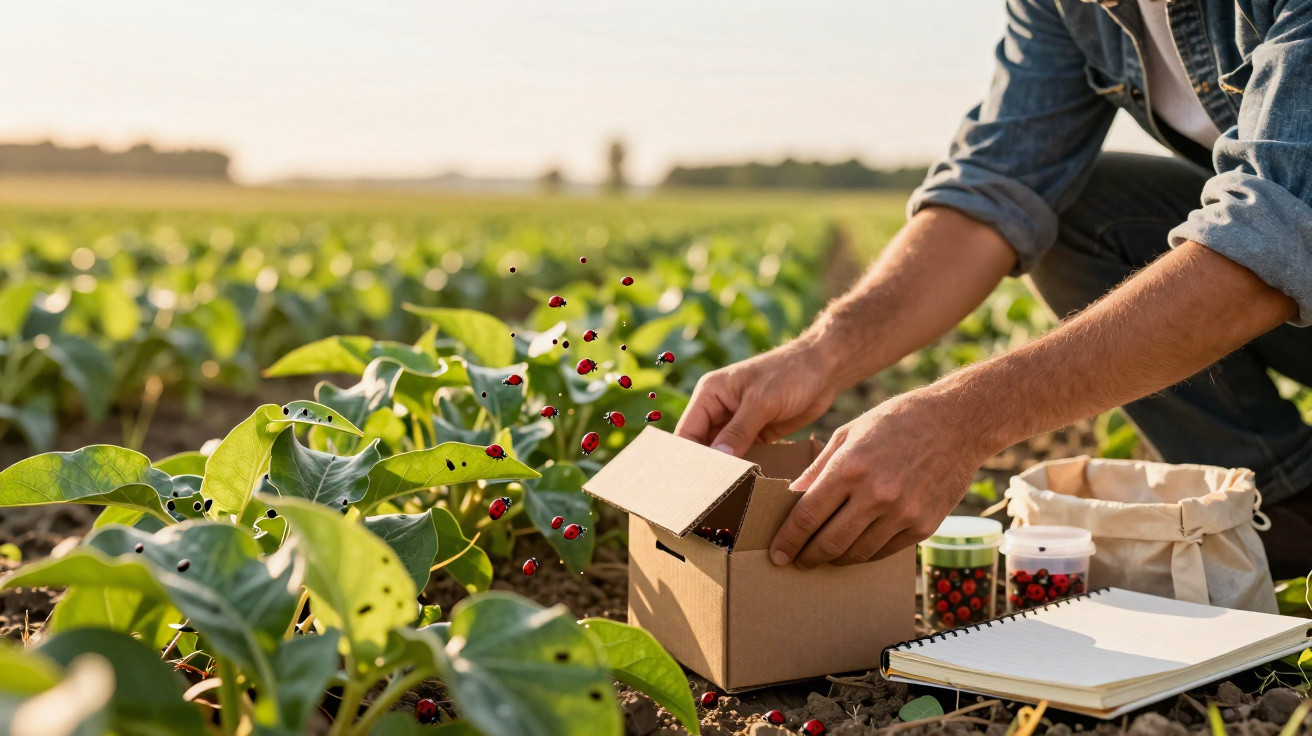 Pessoa colhendo joaninhas em caixa de papelão ao lado de plantas em campo agrícola durante o dia.