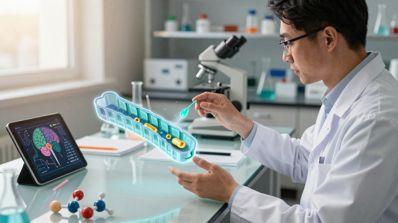 Cientista em laboratório usando holograma 3D para estudar estrutura molecular, com microscópio e tablet.