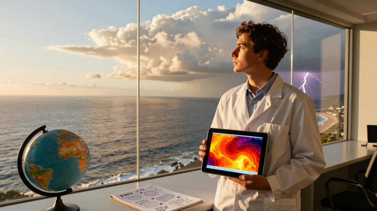 Homem de jaleco segurando tablet com gráficos, em sala com vista para o mar e tempestade ao fundo.