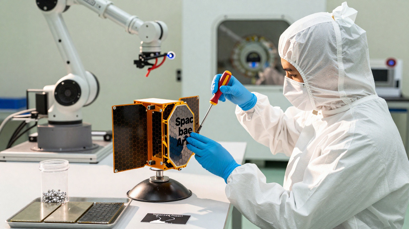 Pesquisador em traje de laboratório ajusta componente de satélite espacial em ambiente controlado.