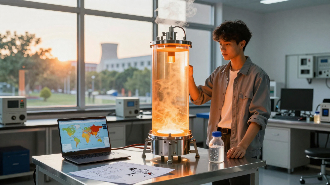 Jovem cientista observando experimento com fumaça em laboratório moderno ao pôr do sol.